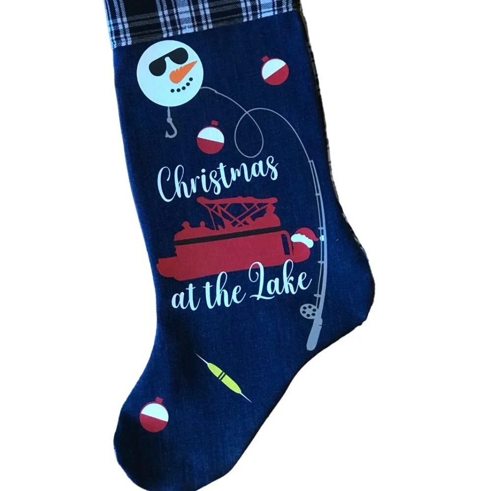 Handmade Denim Christmas Stocking, Lake House Fishing Decor Pontoon Boat S-M